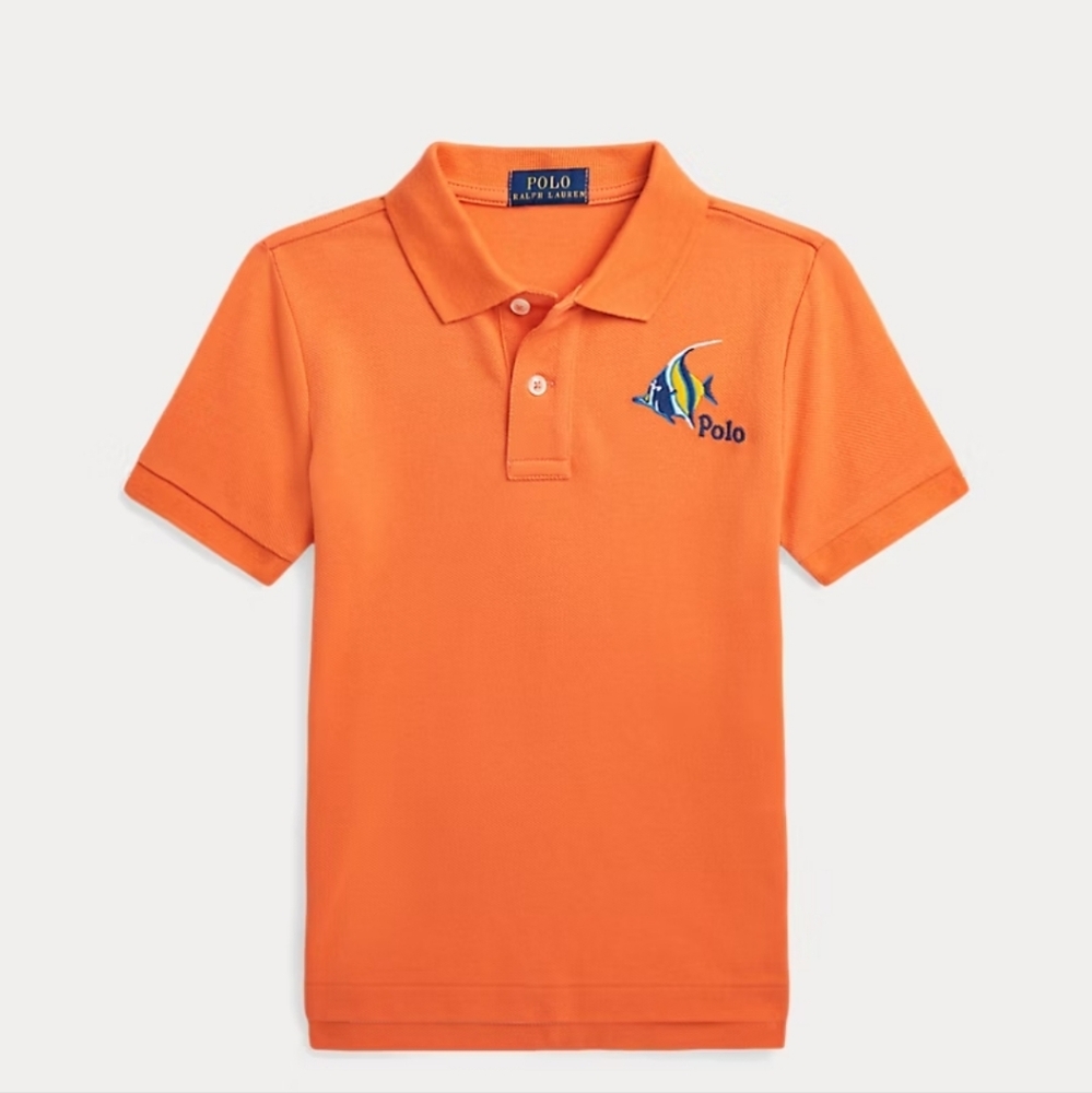 Fish-Embroidered Cotton Mesh Polo Shirt, Orange, Size 4
